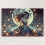 Puzzle Moonlit Butterfly Enchantress Fantasy<br><div class="desc">A luminous fantasy scene captures a serene feminine figure standing before a radiant full moon, surrounded by drifting golden butterflies and glowing stardust. Her flowing gown fans outward like liquid moonlight, layered with delicate botanical textures and soft celestial shimmer. Long windswept hair moves gently through the night air, echoing the...</div>