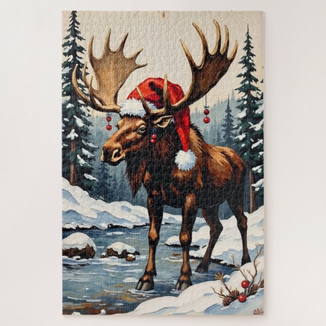 Puzzle Moose with Antler Christmas Decorations Hat (Vertical)