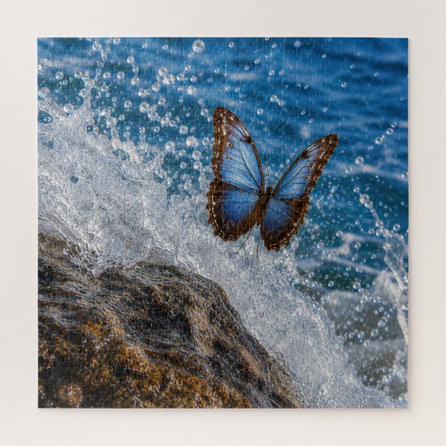 Puzzle Morpho commun papillon planant au-dessus d'un roch (Vertical)