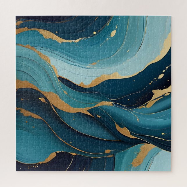 Puzzle Motif Abstrait Fluide Or Sarcelle Marine Luxueux (Vertical)
