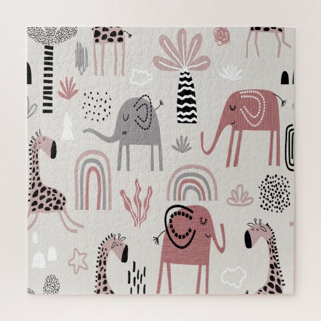Puzzle motif avec des éléphants et des girafes mignons gé (Vertical)