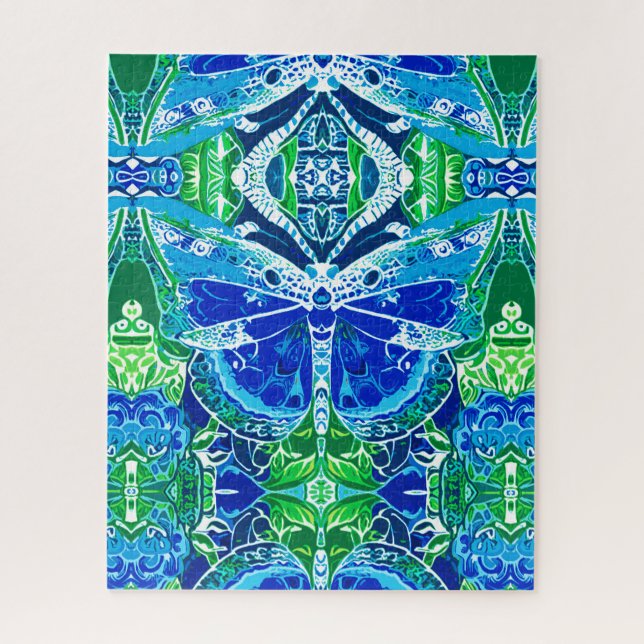 Puzzle Motif Batik de papillon et de médaillon en bleu (Vertical)