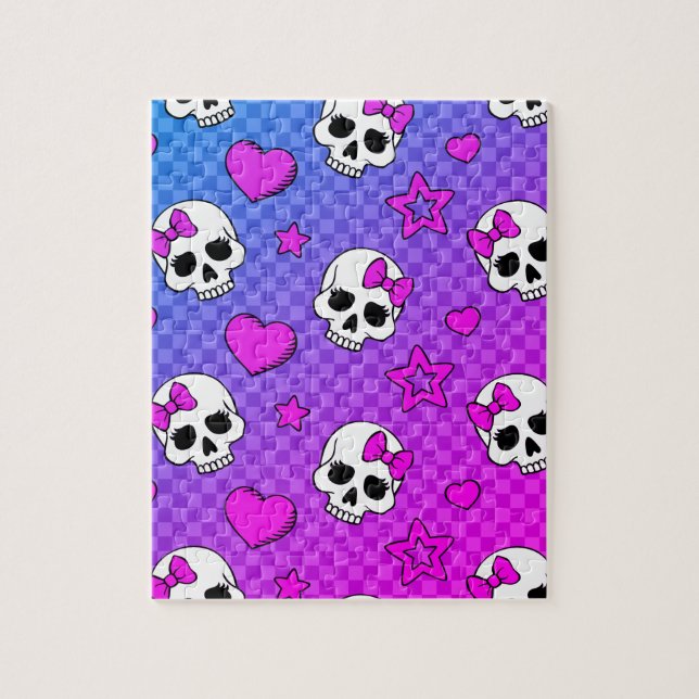 Puzzle Motif crâne et coeurs blancs et roses (Vertical)