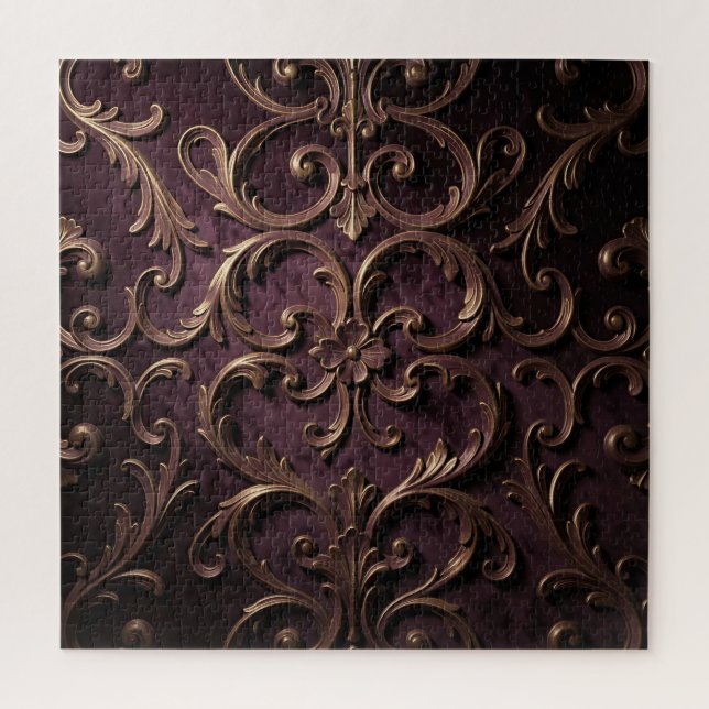 Puzzle Motif de défilement baroque orné violet profond or (Vertical)