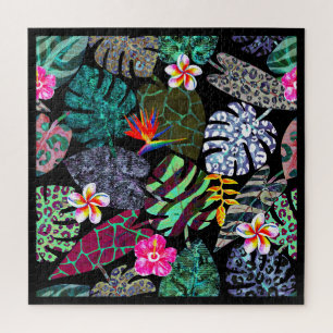 Puzzle Motif de feuilles et de fleurs tropicales vibrante