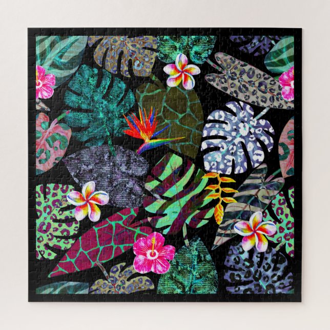 Puzzle Motif de feuilles et de fleurs tropicales vibrante (Vertical)