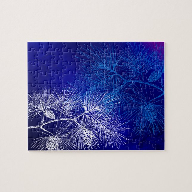 Puzzle Motif de pin d'hiver blanc bleu (Horizontal)