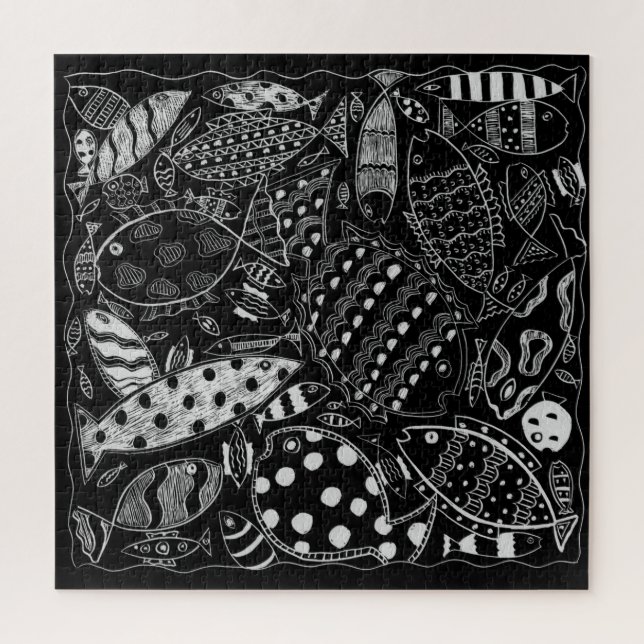 Puzzle Motif de poisson noir et blanc Art moderne (Vertical)