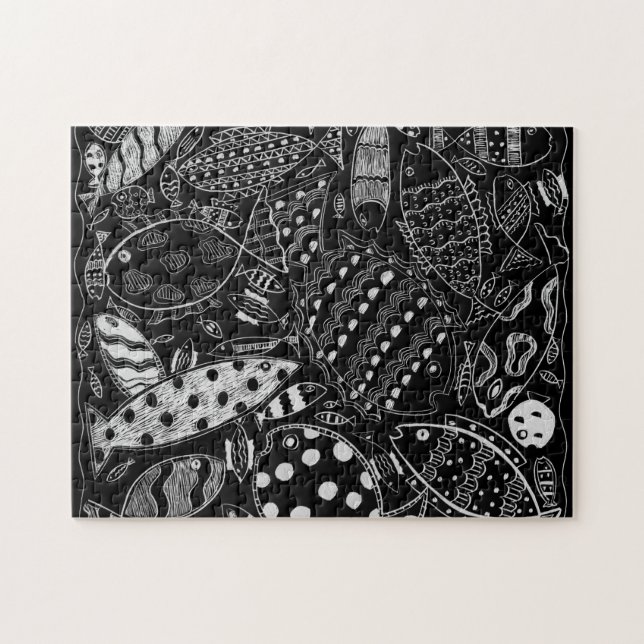 Puzzle Motif de poissons noir et blanc Art moderne (Horizontal)