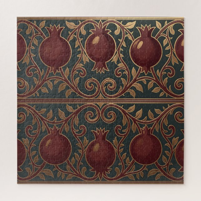 Puzzle Motif de vigne de grenade vert foncé orné or (Vertical)