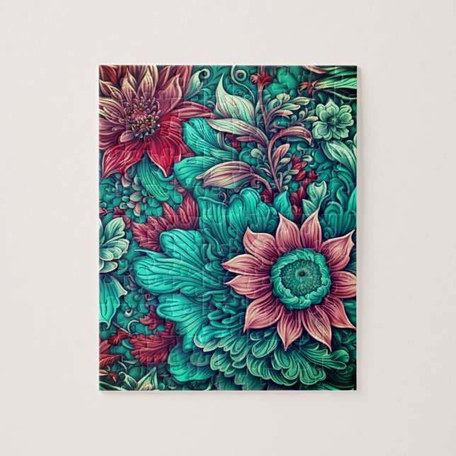 Puzzle Motif Floral, Aqua, Turquoise, Turquoise et Gris (Vertical)