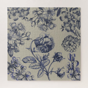 Puzzle Motif Floral Botanique Toile Bleue Vintage Antique