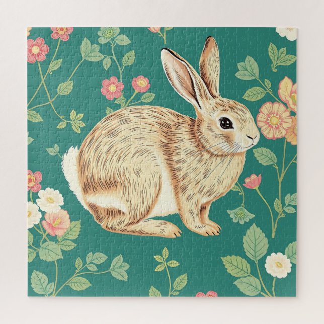 Puzzle Motif floral de lapin mignon sarcelle (Vertical)
