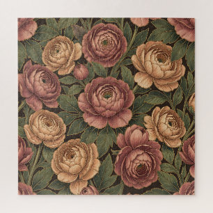 Puzzle Motif floral de pivoine rose Fond sombre Or