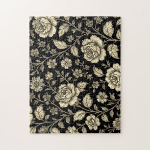Puzzle Motif floral de rose dorée vintage sur fond noir