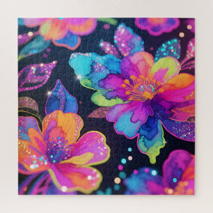 Puzzle Motif floral pailleté néon