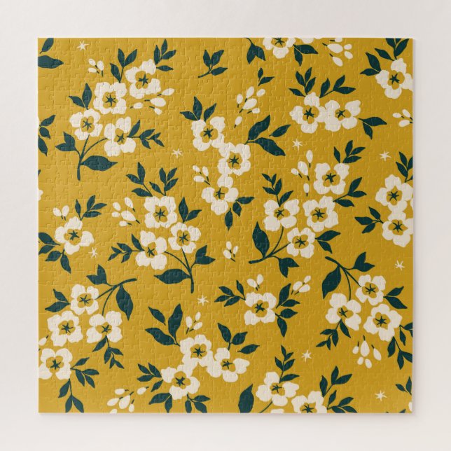 Puzzle motif floral vintage, petites fleurs blanches. (Vertical)