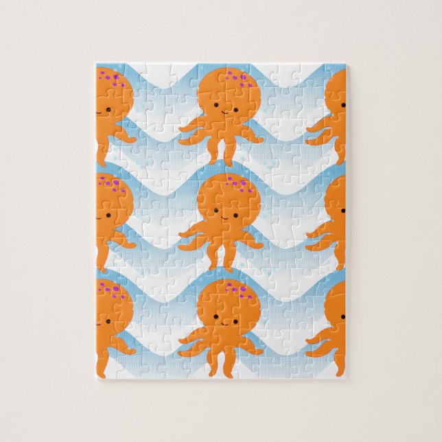 Puzzle Motif Octopus Orange Et Vagues Bleues (Vertical)