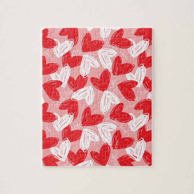 Puzzle Motif rouge et blanc moderne mignon de coeurs (Vertical)