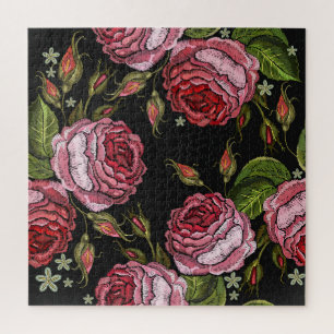Puzzle Motif vintage de broderie de rose rouge
