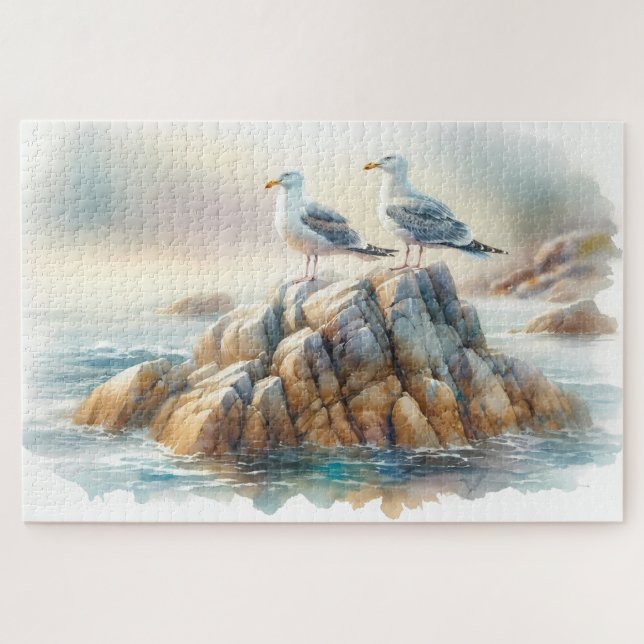 Puzzle Mouettes côtières aquarelle paysage marin (Horizontal)