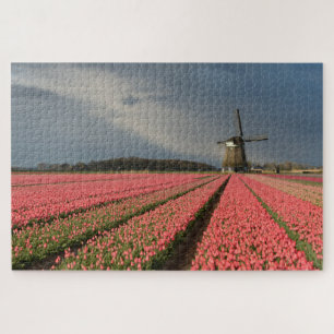 Puzzle Moulin à vent avec les tulipes roses au printemps