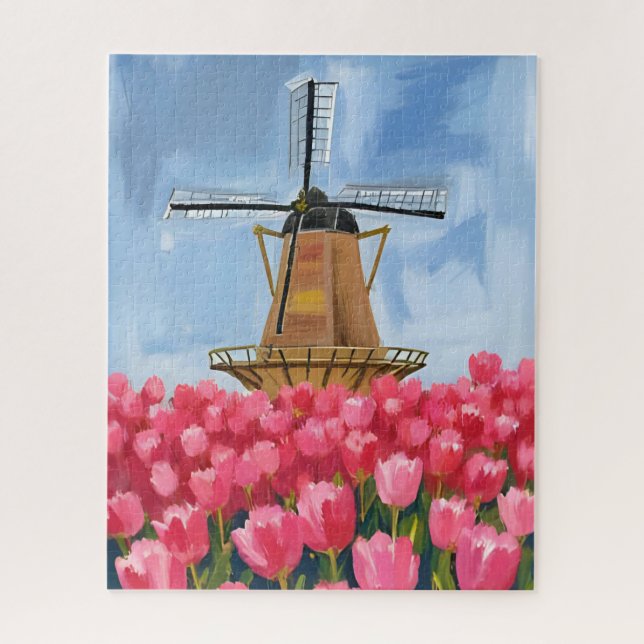 Puzzle Moulin à vent hollandais | Champ de fleurs de tuli (Vertical)