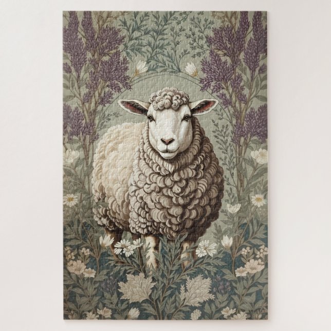Puzzle Moutons Élégants Fond De Fleur De Lavande (Vertical)