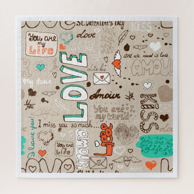 Puzzle Multilingual Love Doodle Motif Art (Vertical)