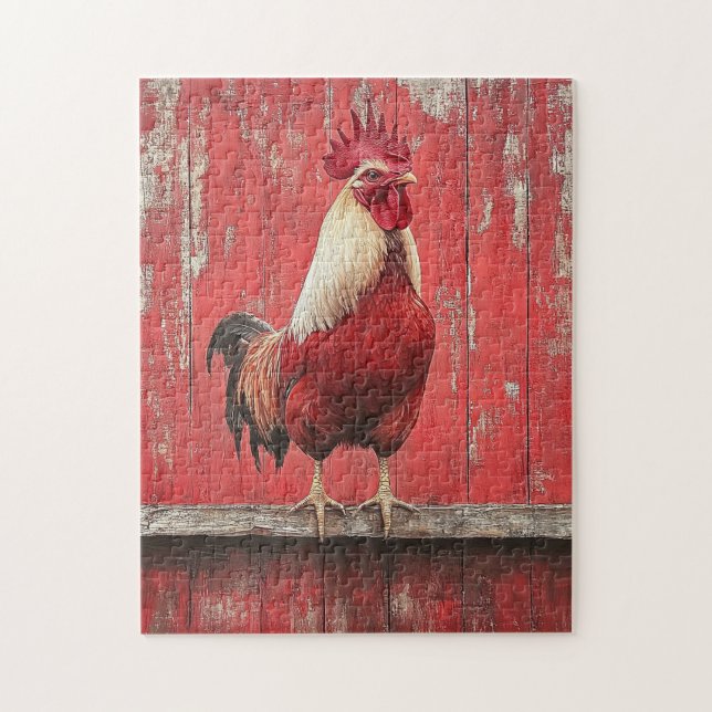 Puzzle Mur de la grange en bois rouge coq (Vertical)