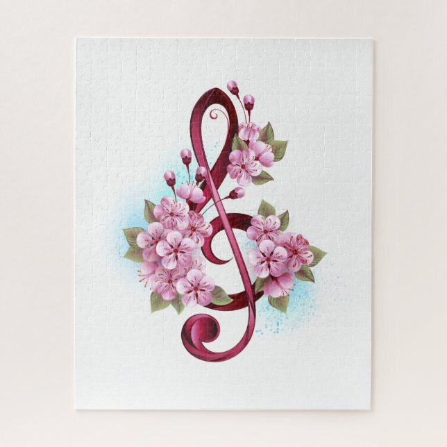 Puzzle Musical treble clef notes with sakura flowers (Vertical)