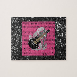 Puzzle Musique de la Guitare noire en feuille rose