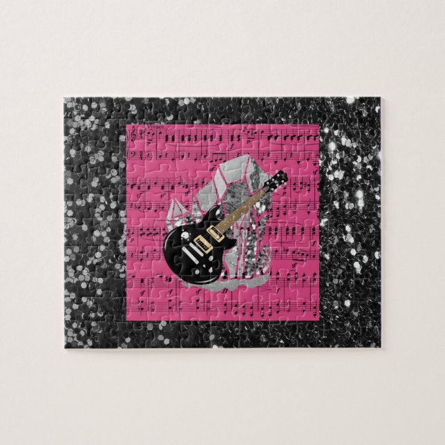 Puzzle Musique de la Guitare noire en feuille rose (Horizontal)