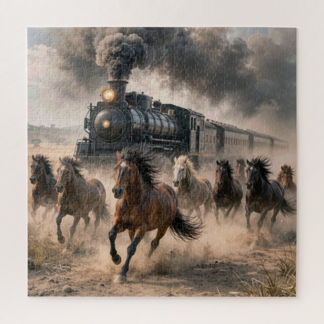 Puzzle Mustangs sauvages courant le long d'un train vinta (Vertical)