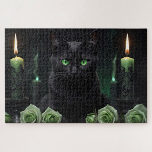 Puzzle Mystérieux chat noir effrayant avec yeux verts