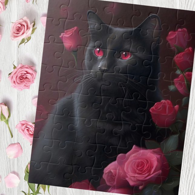 Puzzle Mystique chat noir et roses en fleurs (Créateur téléchargé)