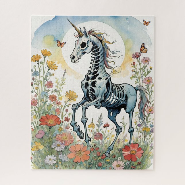 Puzzle Mystique lever de soleil Unicorne Squelette floral (Vertical)