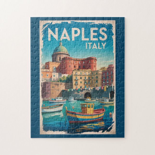 Puzzle Naples Bay Italy Illustration Travel Art Vintage (Vertical)