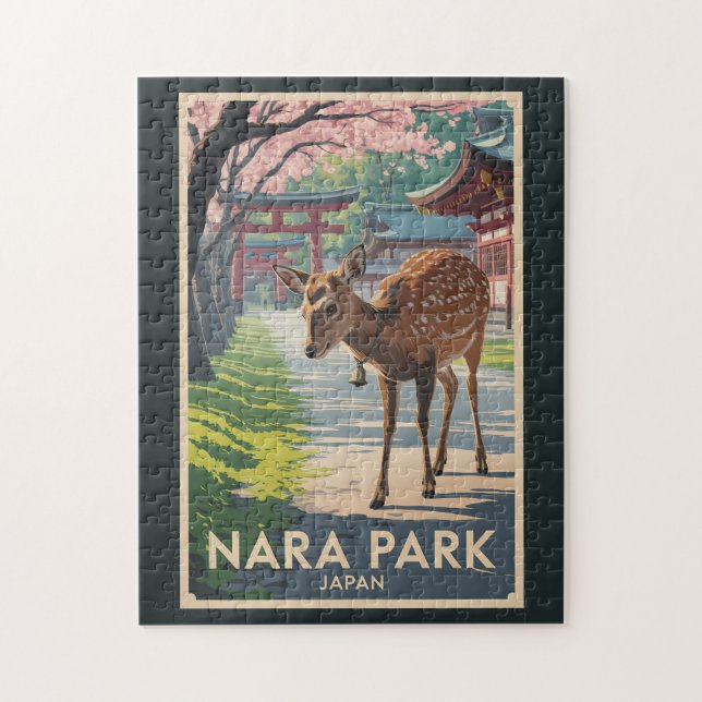 Puzzle Nara Park Japan Deer Illustration Travel Art Retro (Vertical)