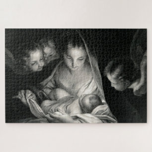 Puzzle Nativity Baby Jésus Virgin Mary Angels Black White