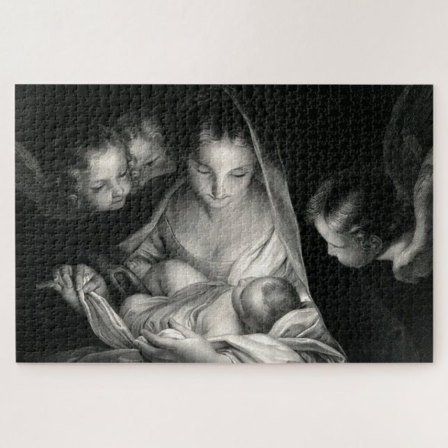 Puzzle Nativity Baby Jésus Virgin Mary Angels Black White (Horizontal)