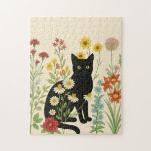 Puzzle Nature botanique – Chat noir dans un jardin de fle