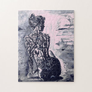 Puzzle Nature Lady - Peinture d'aquarelle noire et blanch