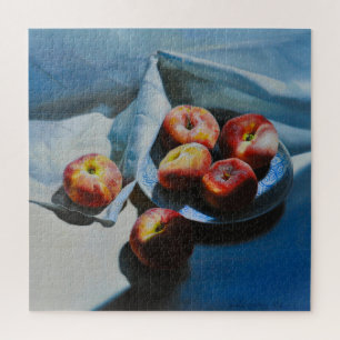 Puzzle Nature morte avec des pêches et un tissu blanc
