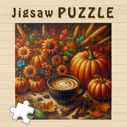 Puzzle Nature morte Citrouille Café orange Fleurs d'autom