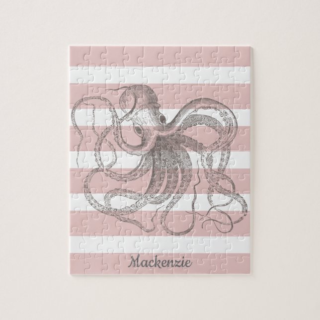 Puzzle Nautique Vintage Octopus Côtier Pink Stripes (Vertical)