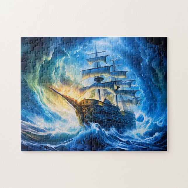 Puzzle Navire dans une peinture de fantaisie d'océan bleu (Horizontal)