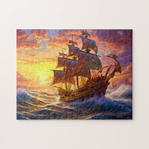 Puzzle Navire dans une tempête de coucher de soleil doré,