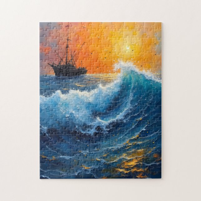 Puzzle Navire de pêche sur l'océan au lever du soleil (Vertical)