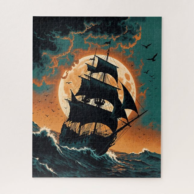 Puzzle Navire pirate éclairé par la lune dans des mers or (Vertical)